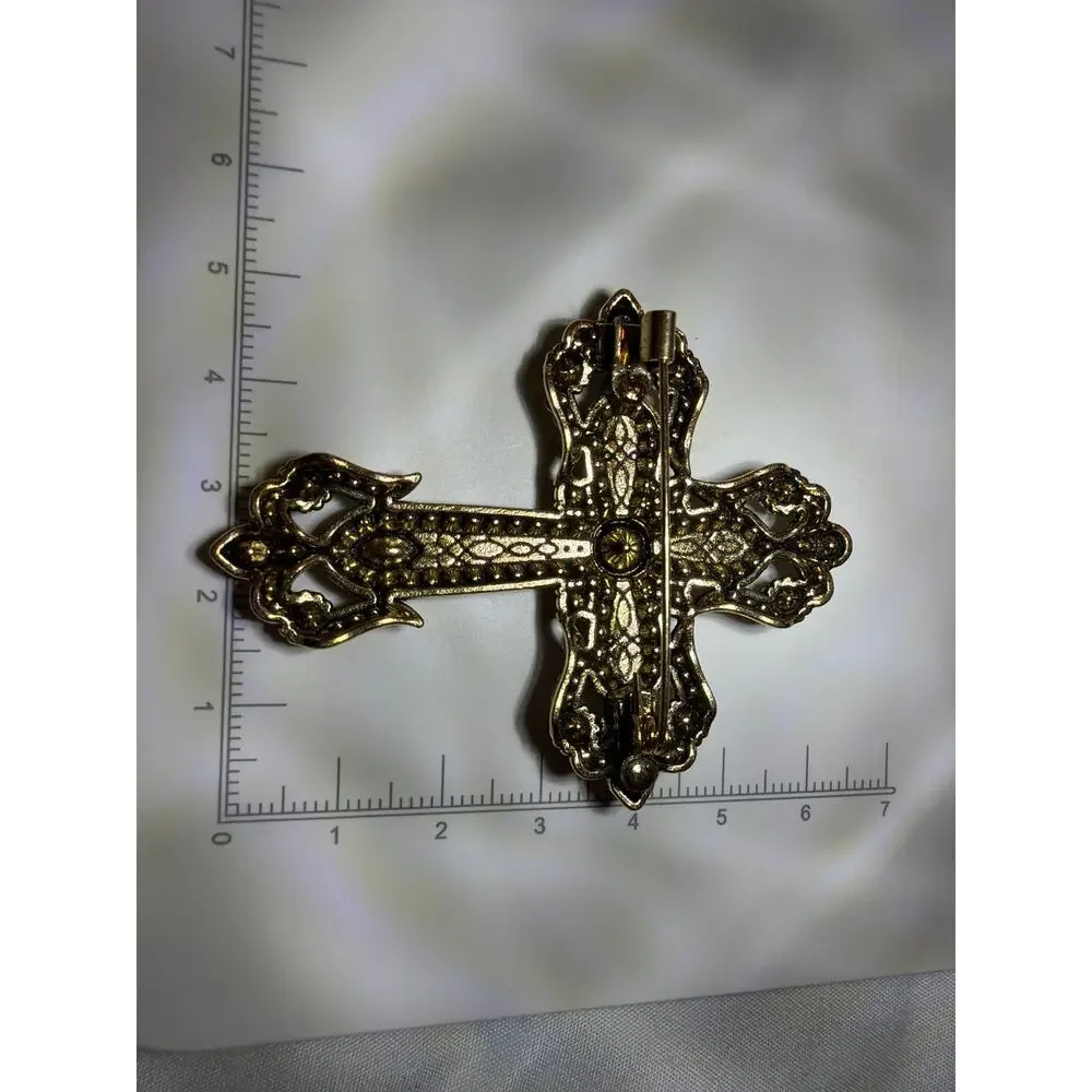Vintage Gold Tone Cross Brooch Amber Clear Rhinestone Filigree Religious Pin